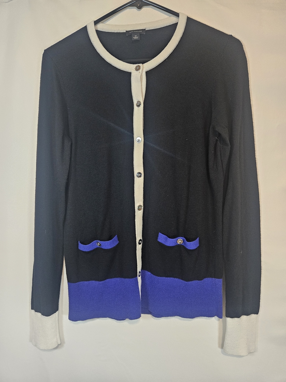 Ann Taylor Black Cardigan with White Trim and Blue Accents